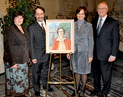 Tableau de Alma Lepage, entouré de Francine Sénécal, Michel Patry, Hélène Desmarais et Gérald Tremblay
