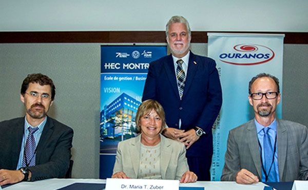  (Left to right) Professor Pierre-Olivier Pineau, Chair in Energy Sector Management at HEC Montréal, Maria Zuber, MIT Vice-President for Research, Premier Philippe Couillard and Alain Bourque, Ouranos Executive Director. 
