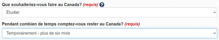 Que souhaiteriez-vous faire au Canada? et Quel est votre statut d'immigration actuel au Canada