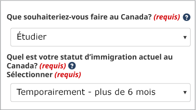 Que souhaiteriez-vous faire au Canada? et Quel est votre statut d'immigration actuel au Canada?