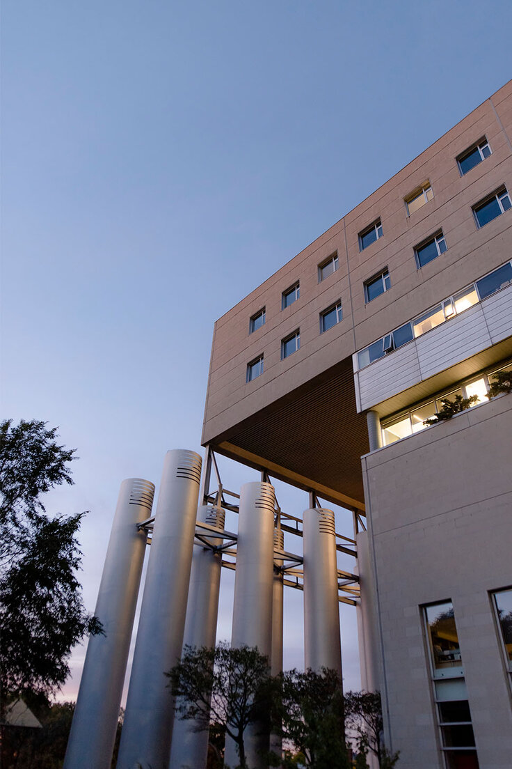 View of one of the facades of a building at HEC Montréal.