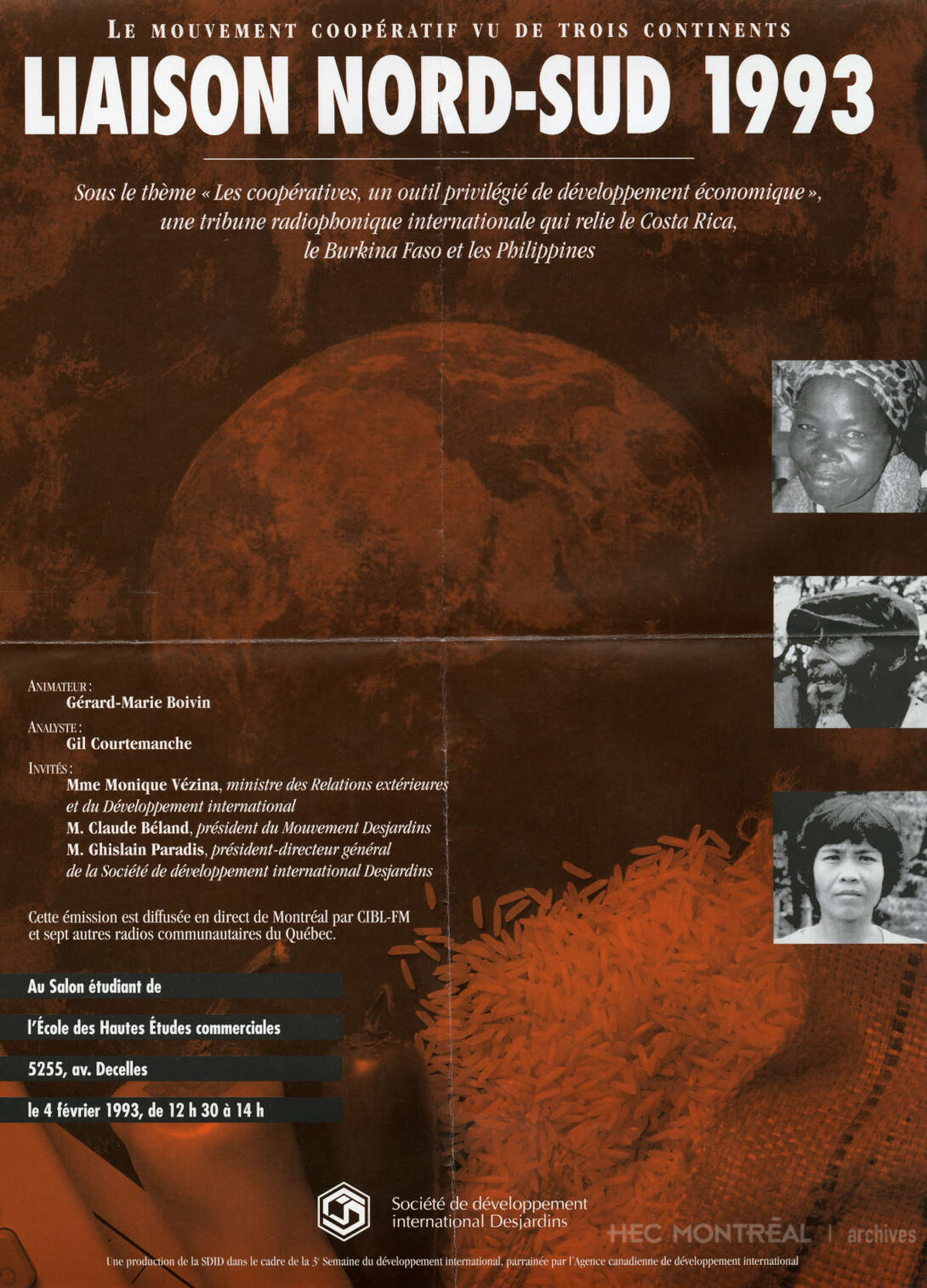   Description : Tribune radiophonique internationale  «Liaison Nord-Sud, le mouvement coopératif vu de trois continents».  Date : 1993 Crédit photo : Photographe inconnu Cote archivistique : A047/Z,0002