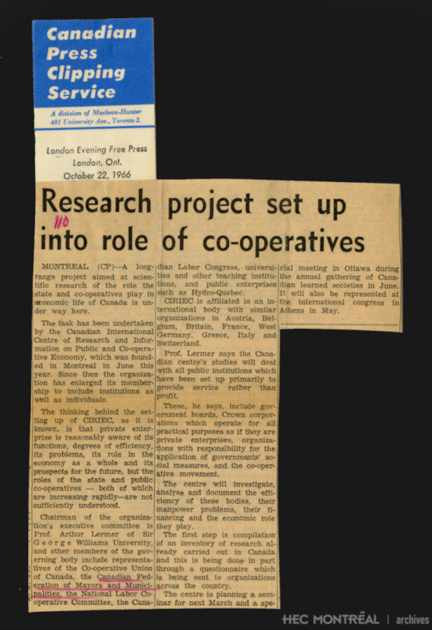   Description : Article du journal London Evening Free Press sur la fondation du CIRIEC-Canada. Date : 1966 Cote archivistique : P094/S01SS01,0001