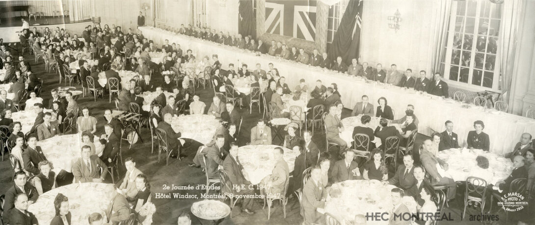    Description : Banquet tenu lors de la 2e journée d'études HEC, le 8 novembre 1947 à l'hôtel Windsor. Date : 1947 Crédit photo : Photographe inconnu Cote archivistique : P001/XPH,0079