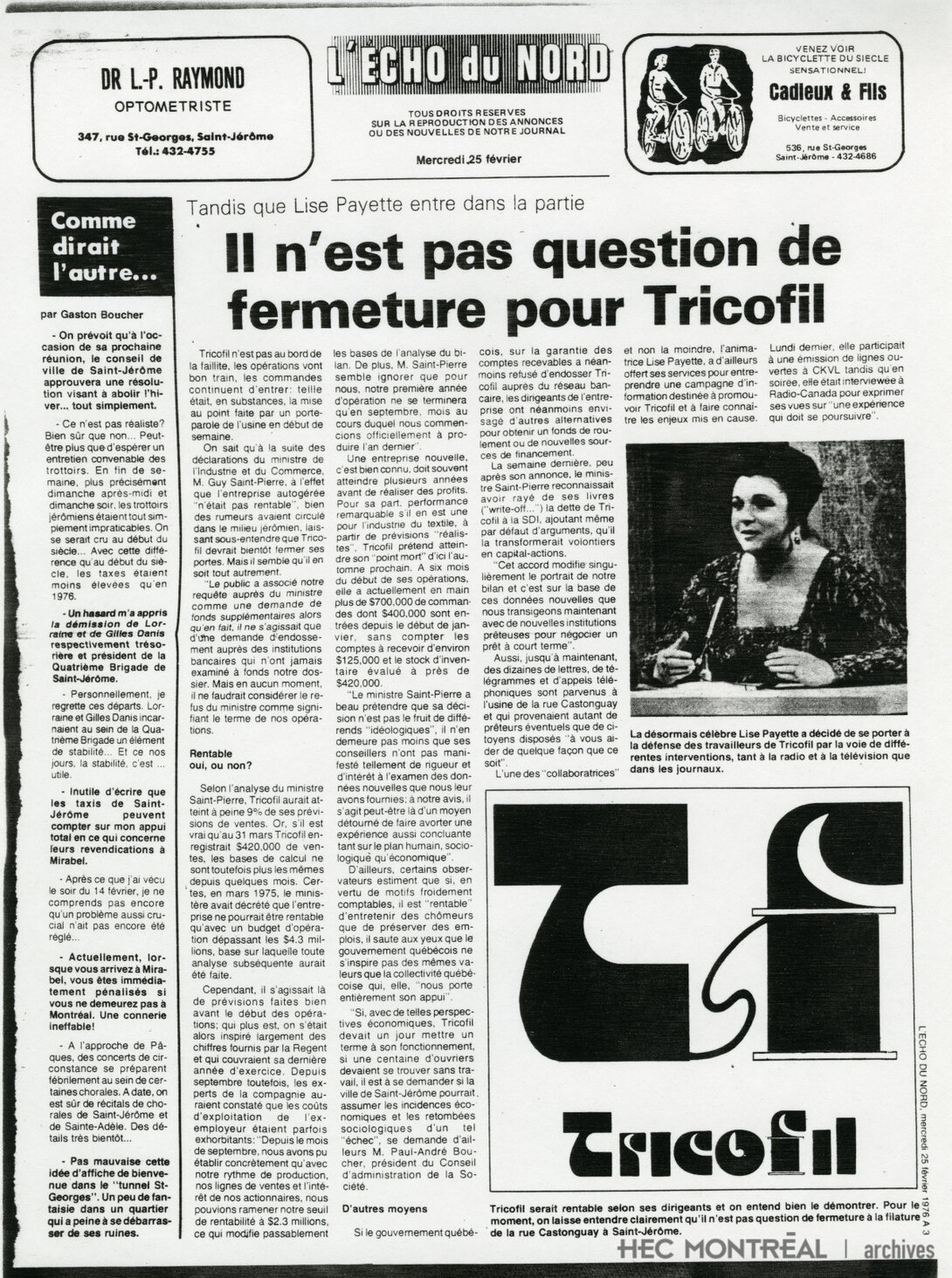  Description : Coupures de presse: journal l'Echo du Nord. Date : 25 février 1976 Crédit photo : Photographe inconnu Cote archivistique : P008/E,0021