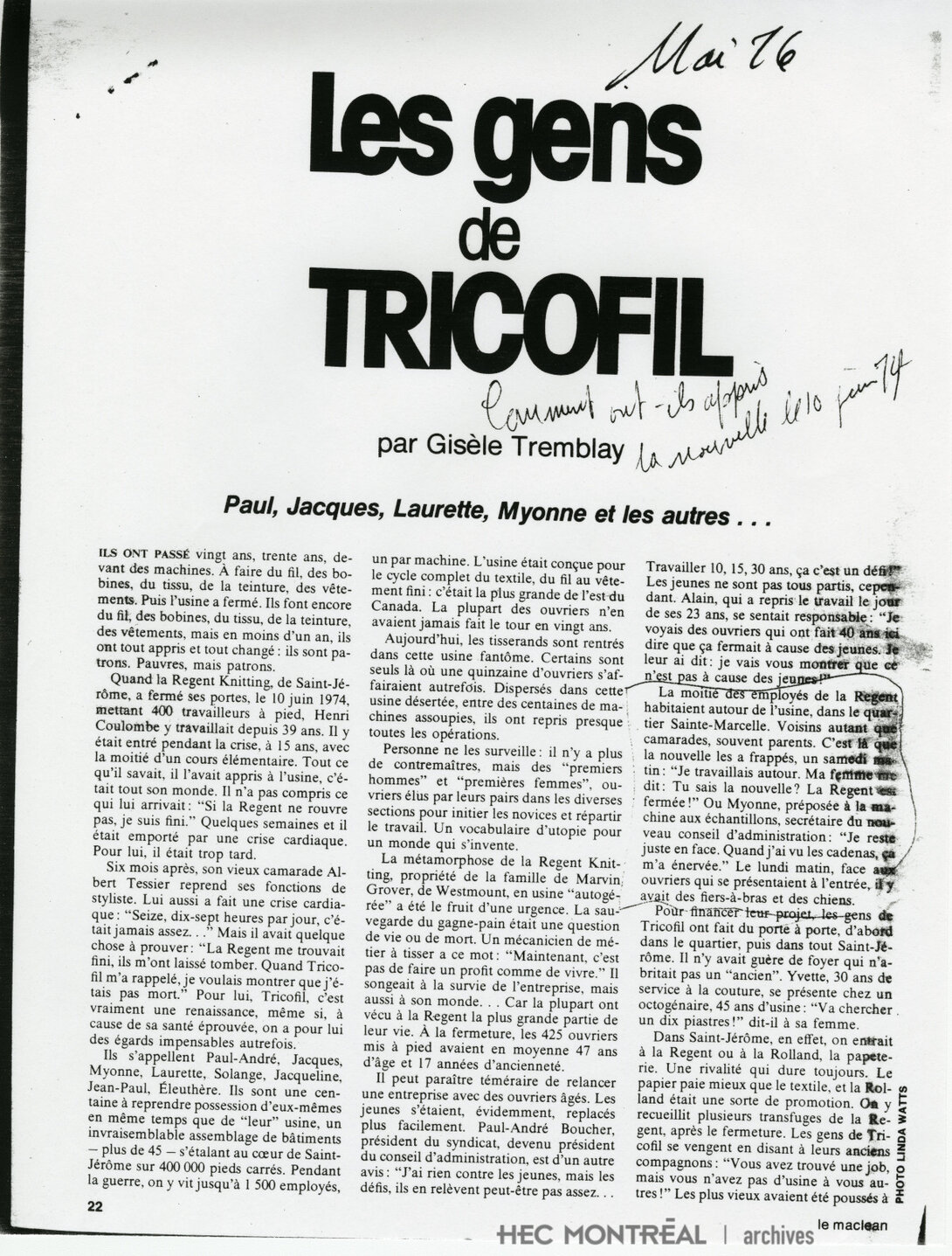   Description : Coupure de presse: Magazine Maclean. Date : mai 1976 Crédit photo : Photographe inconnu Cote archivistique : P008/E,0024