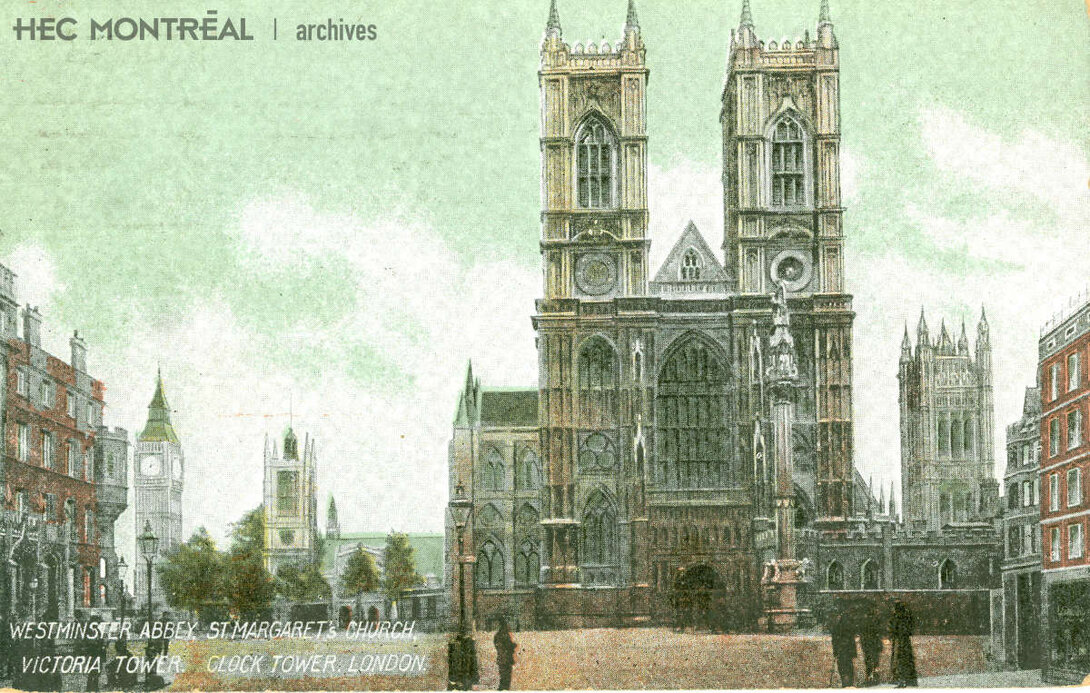   Description : Carte postale montrant l'abbaye de Westminster, à Londres. Date : 1906 Crédit photo : Photographe inconnu Cote archivistique : P017/X99,0001
