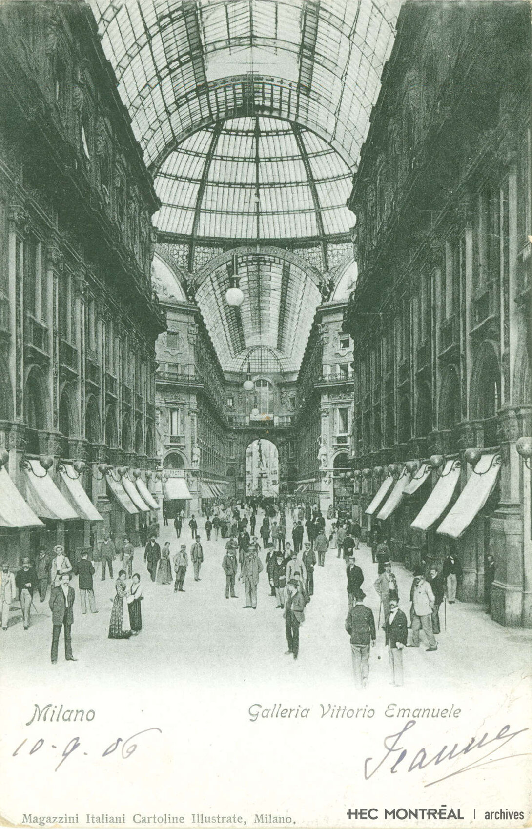   Description : Carte postale de la Galleria Vittorio Emanuele, située à Milan, en Italie. Date : 1906 Crédit photo : Photographe inconnu Cote archivistique : P017/X99,0001