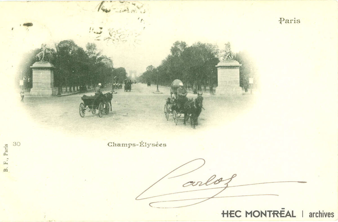   Description : Carte postale montrant l'avenue des Champs-Élysées, à Paris. Date : Inconnue Crédit photo : Photographe inconnu Cote archivistique : P017/X99,0001