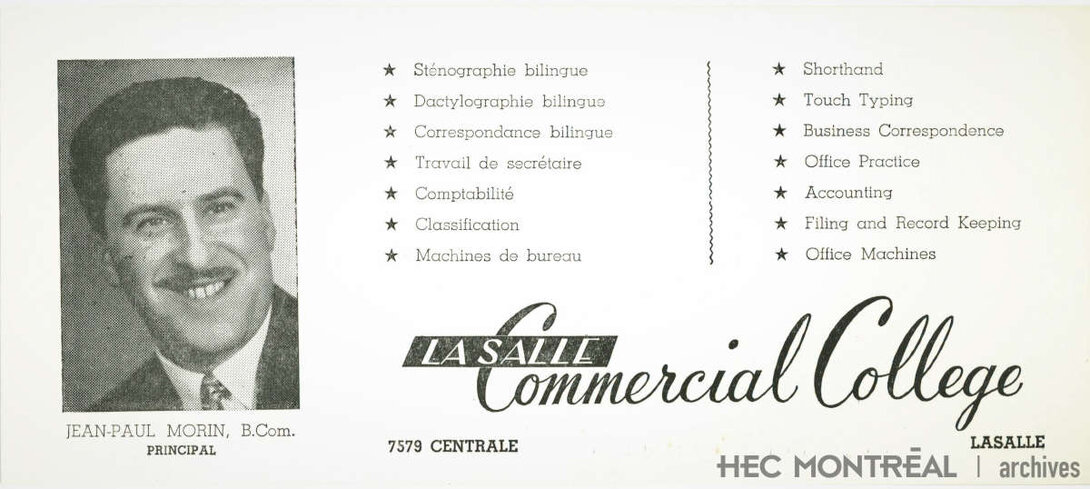   Description : Dépliant publicitaire pour le Collège commercial LaSalle. Date : ca 1960 Crédit photo : Photographe inconnu Cote archivistique : P022/x99,0001
