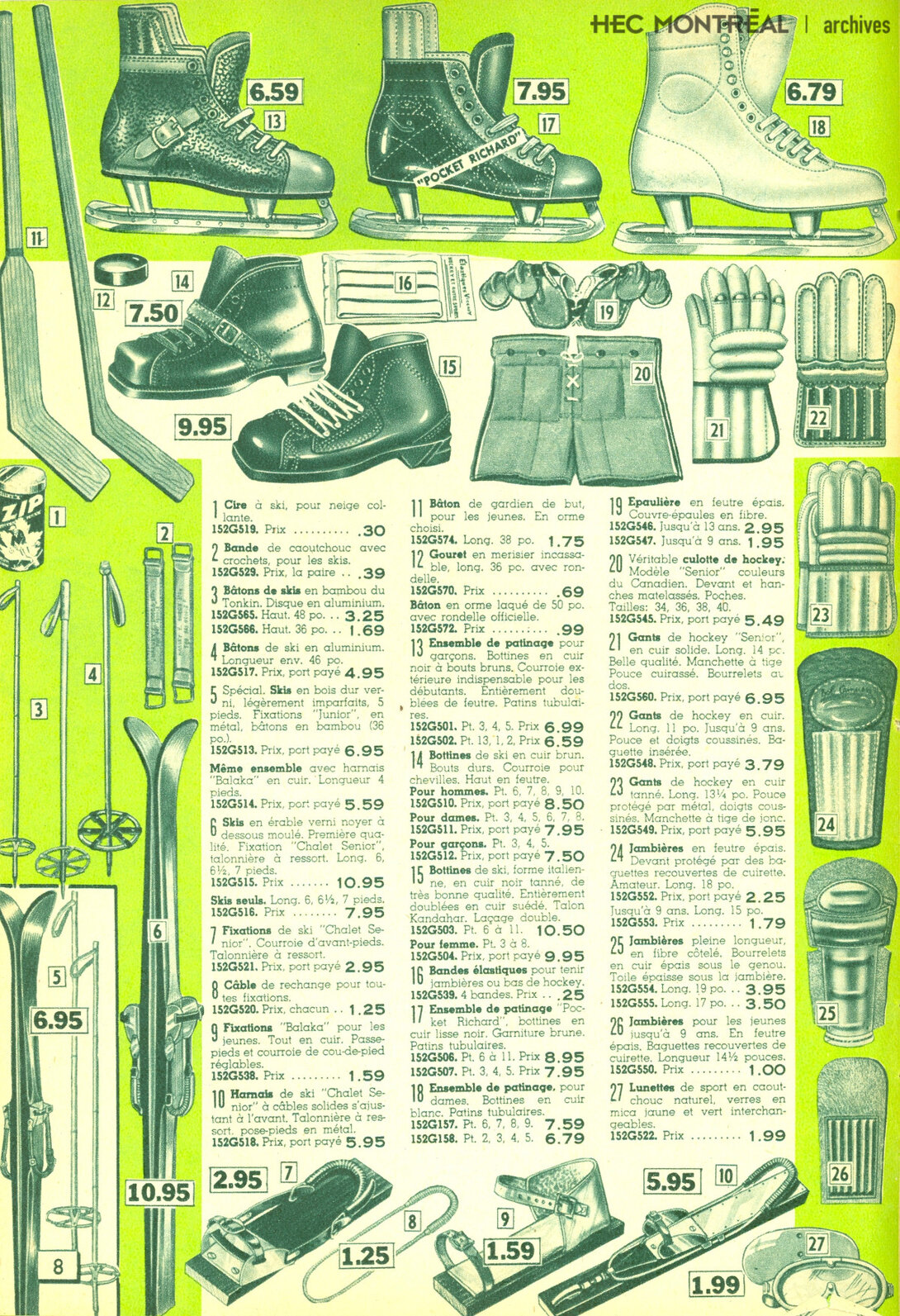   Description : Articles de sports d'hiver. Catalogue Dupuis Frères, mi-hiver 1958-59. Date : 1958 Crédit photo : Photographe inconnu Cote archivistique : P049/W1,0111