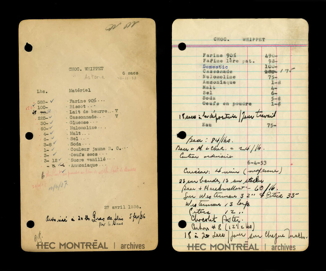   Description : Recettes du biscuit Whippet, versions de 1936 et de 1953.  Date : 1936 et 1953 Crédit photo : Photographe inconnu Cote archivistique : P070/F,0001