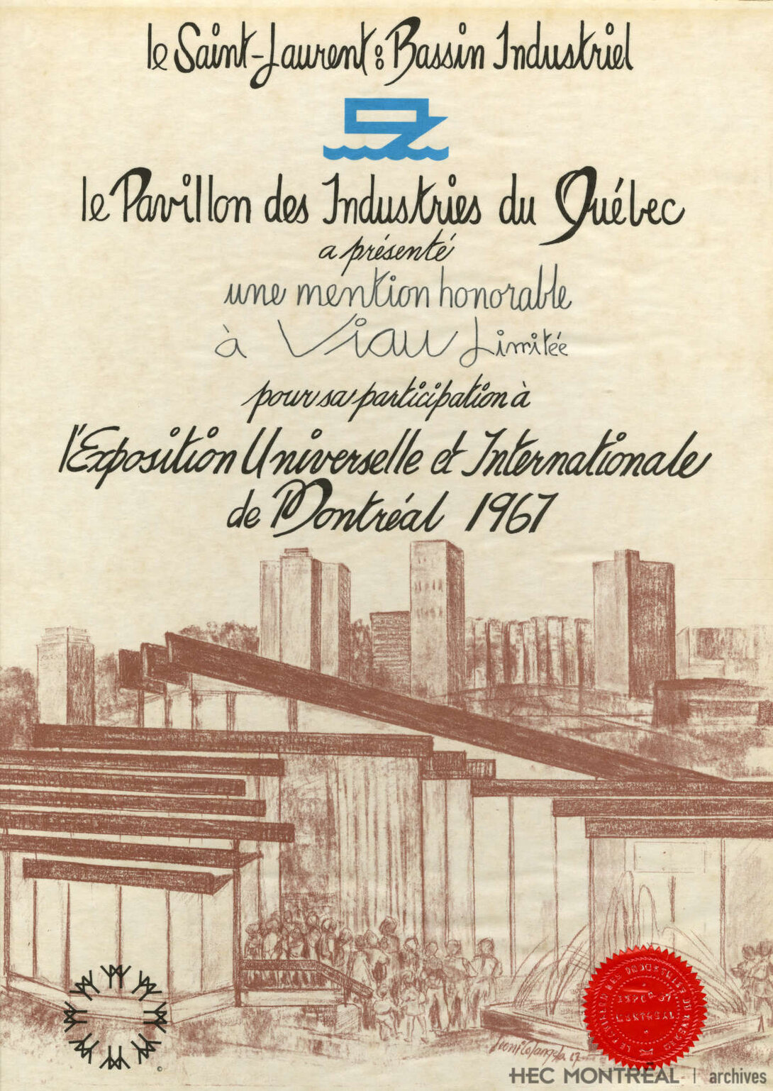   Description : Mention honorable adressée à Viau limitée, Exposition universelle de Montréal, 1967. Date : 1967 Crédit photo : Photographe inconnu Cote archivistique : P070/XAF,0003