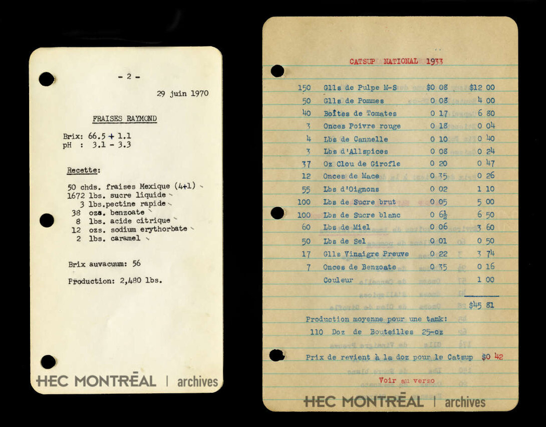   Description : Recette de la confiture Fraise Raymond (1970) et recette du Catsup National (1933) Date : 1933 et 1970 Crédit photo : Photographe inconnu Cote archivistique : P078/Z,0001