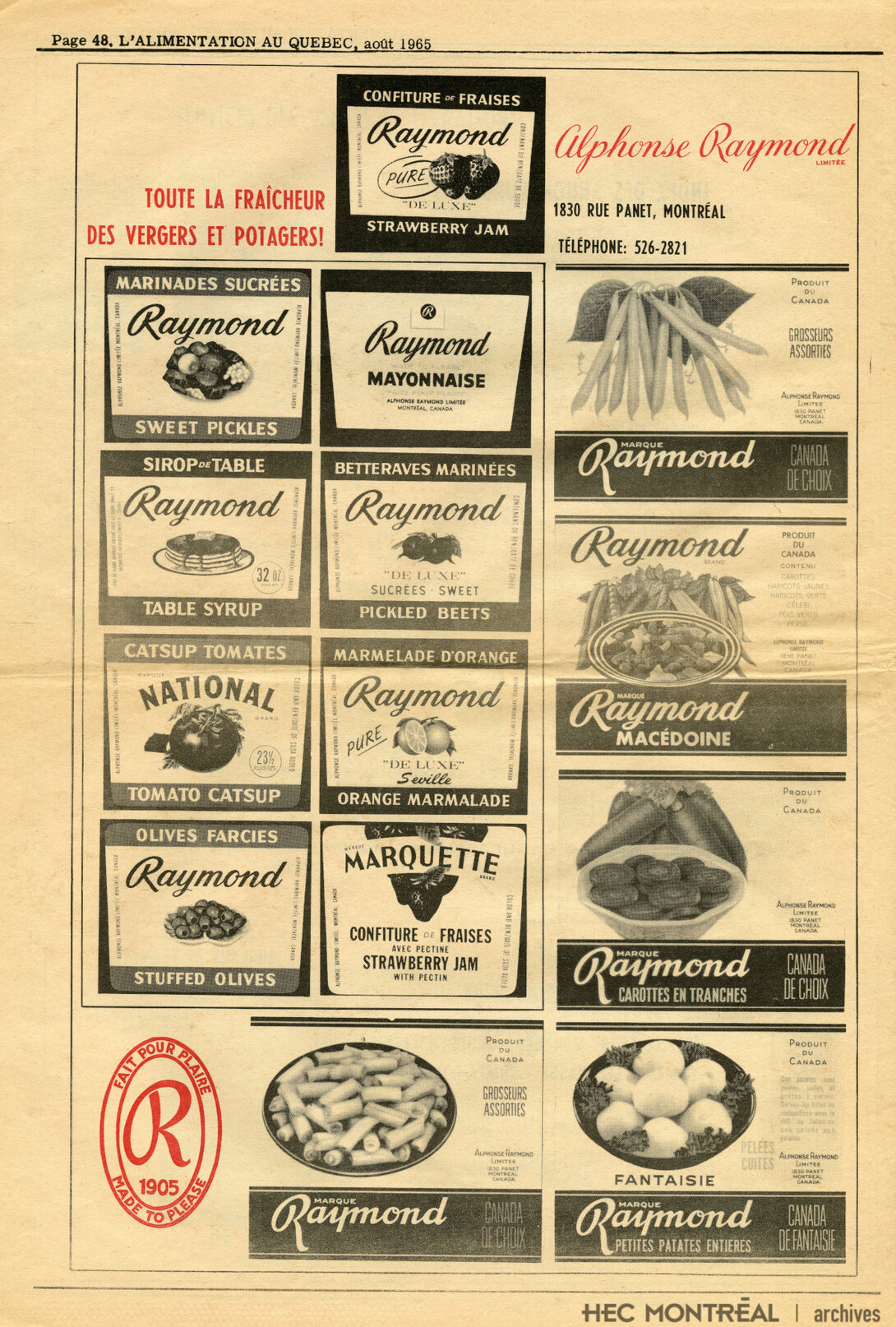   Description : Étiquetés d'emballage des produits Raymond publié dans le journal L'alimentation au Québec. Date : 1965 Crédit photo : Photographe inconnu Cote archivistique : P078/Z,0001