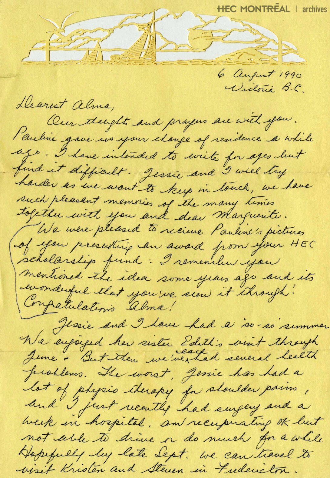   Description : Lettre à Alma Lepage de Jessie et Nelson Bonfield en août 1990. Date : 1990 Crédit photo : Photographe inconnu Cote archivistique : P085/Z,0001