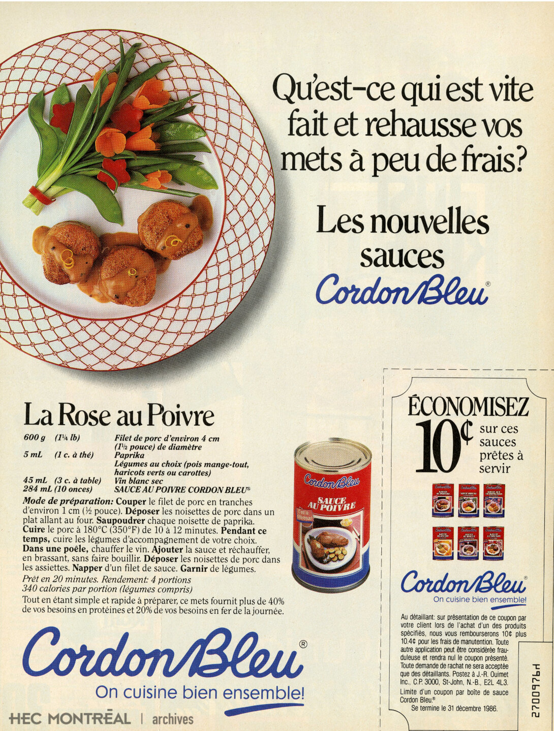   Description : Publicité de Cordon Bleu publiée dans la brochure Éconaubaine, en avril 1986. Date : 1986 Crédit photo : Photographe inconnu Cote archivistique : P088/W,0001